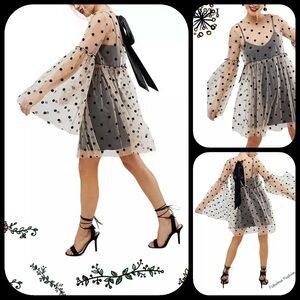 ASOS Sheer Polka Dot Long Sleeve Babydoll Dress in Black and light tan